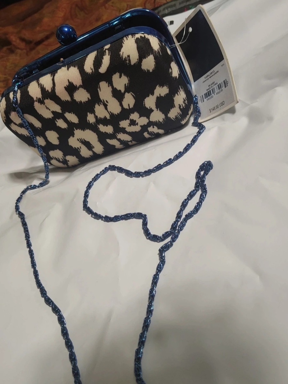 NWT Juicy Couture Leopard Print Frame Clutch Crossbody Blue Chain